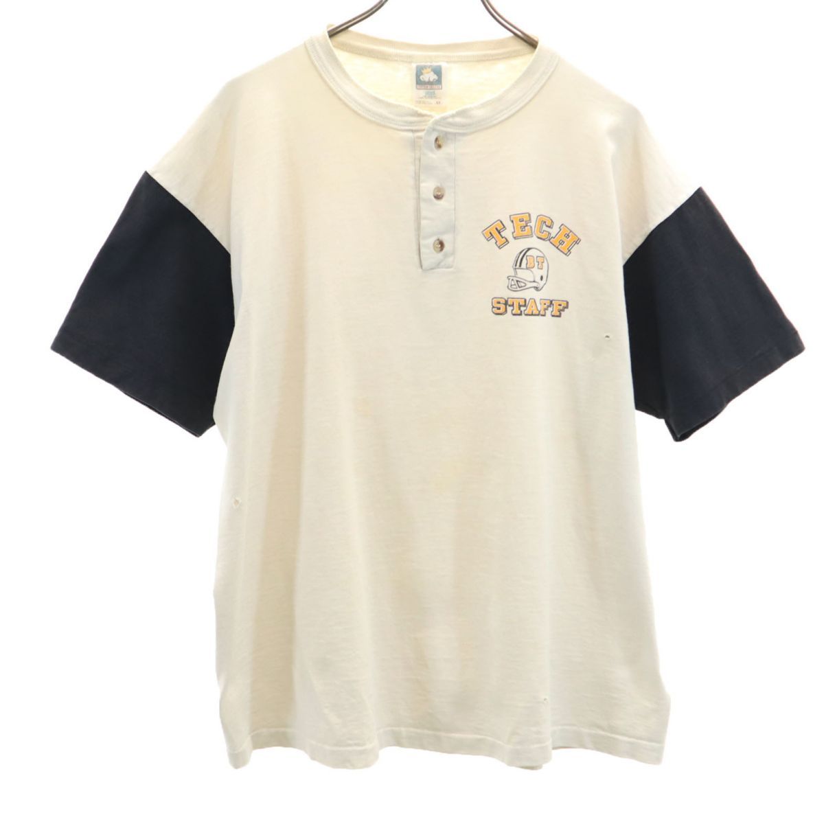 アンビル 90s USA製 オールド バックプリント 半袖 ヘンリーネック Tシャツ XL ホワイト系 anvil メンズ 古着 【240322】