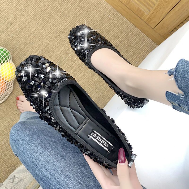 キラキラ パンプス ローヒール フラットシューズ レディース