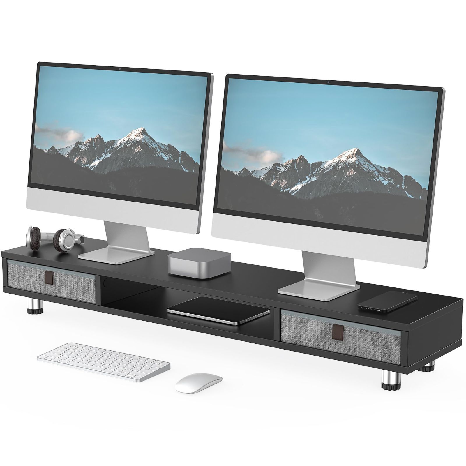 在庫処分 収納 卓上 卓上 パソコンラック pcモニター台 机上台 机上台 整理整頓 モニタースタンド モニタースタンド 高さ調整 引き出し付き 木製天板 2段 木目黒G04D2102B 108cm横幅 机上ラック パソコン台 モニター台 Fenge