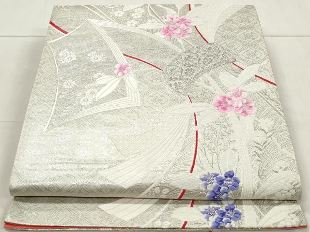 平和屋着物◎六通柄袋帯 唐織 束ね熨斗花文 銀糸 正絹 逸品