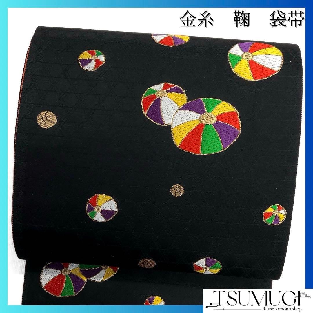 袋帯 全通 金糸 鞠 黒地 カラフル 籠目 着物 045a d - メルカリ 袋帯 全通 金糸 鞠 黒地 カラフル 籠目 着物 045a d - メルカリ