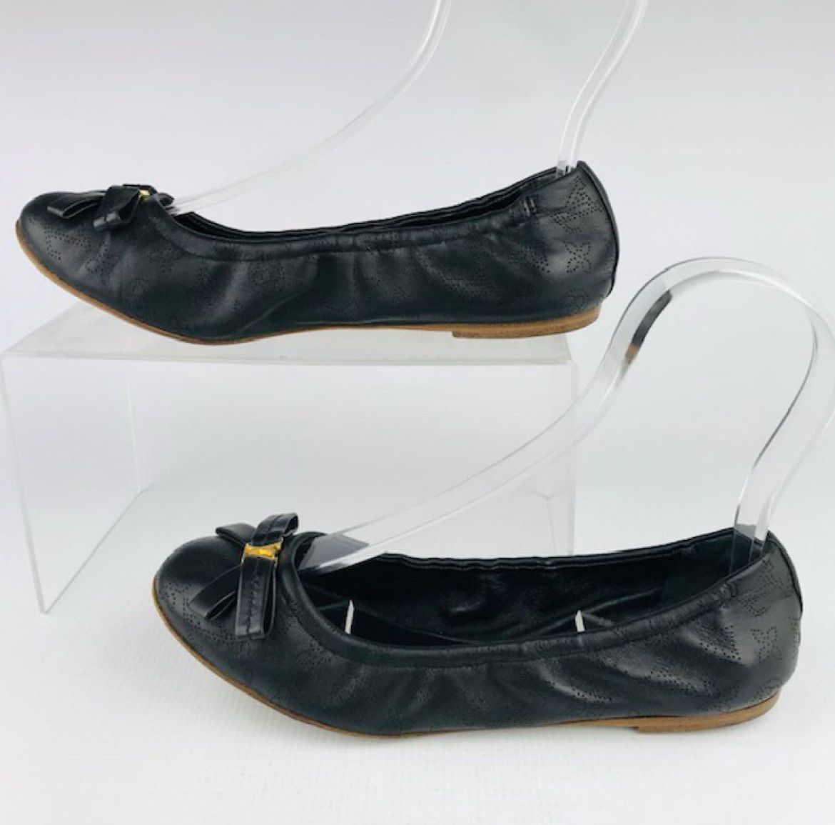 LOUIS VUITTON ルイヴィトン レディース レザー パンチングモノグラム総柄 メタルLVリボン付き バレエシューズ 36 イタリア製 レディースシューズ 靴 ブラック カジュアル ブランド KIN-KAAI_COM