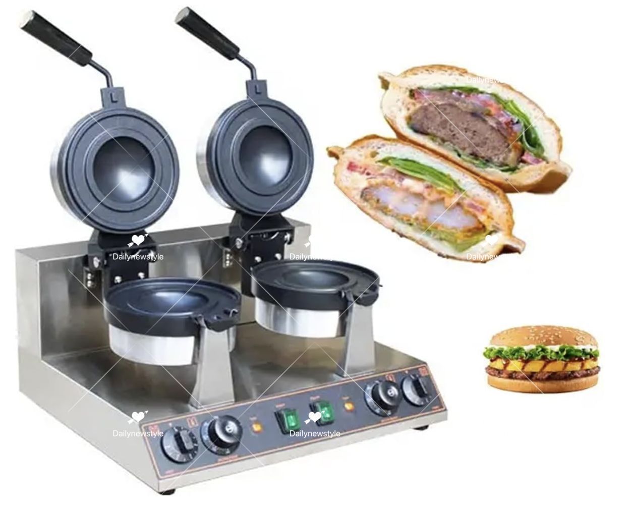人気推薦◆業務用ダブルヘッドバーガーメーカー||||1300Wステンレス鋼どら焼きパンメーカー 50-300℃レギュレーター付き ノンスティック