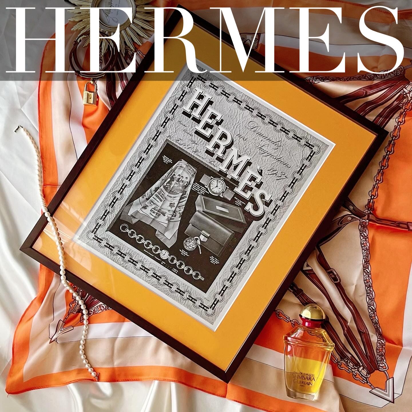 ＜1936 広告＞ HERMES エルメス  ポスター ヴィンテージ アートポスター フレーム付き インテリア モダン おしゃれ かわいい 壁掛け モノクロ ポップ レトロ カレ オレンジ モノトーン