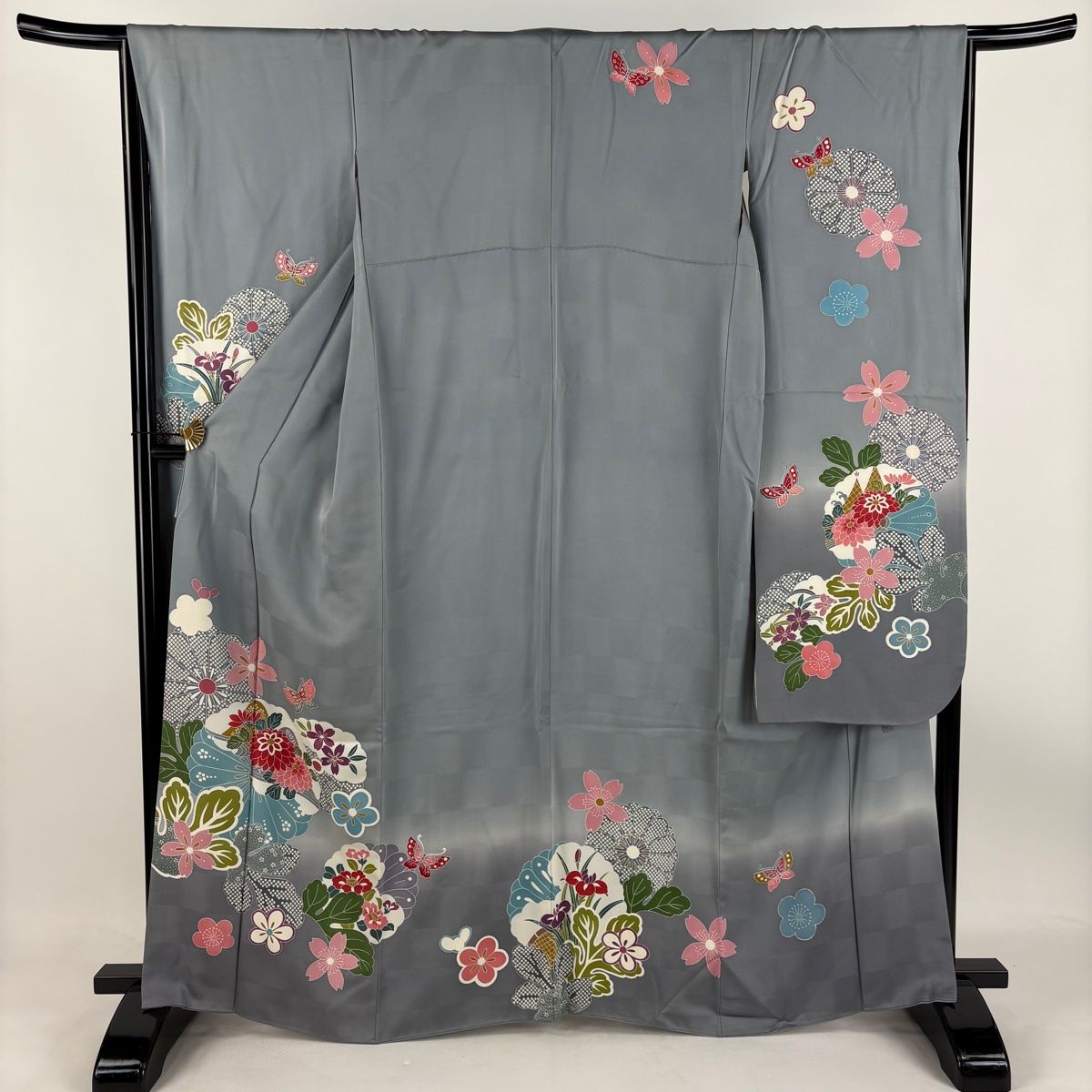 振袖 身丈162.5cm 裄丈65cm M 袷 千地泰弘 落款 菊 蝶 ぼかし 青灰色 正絹 名品