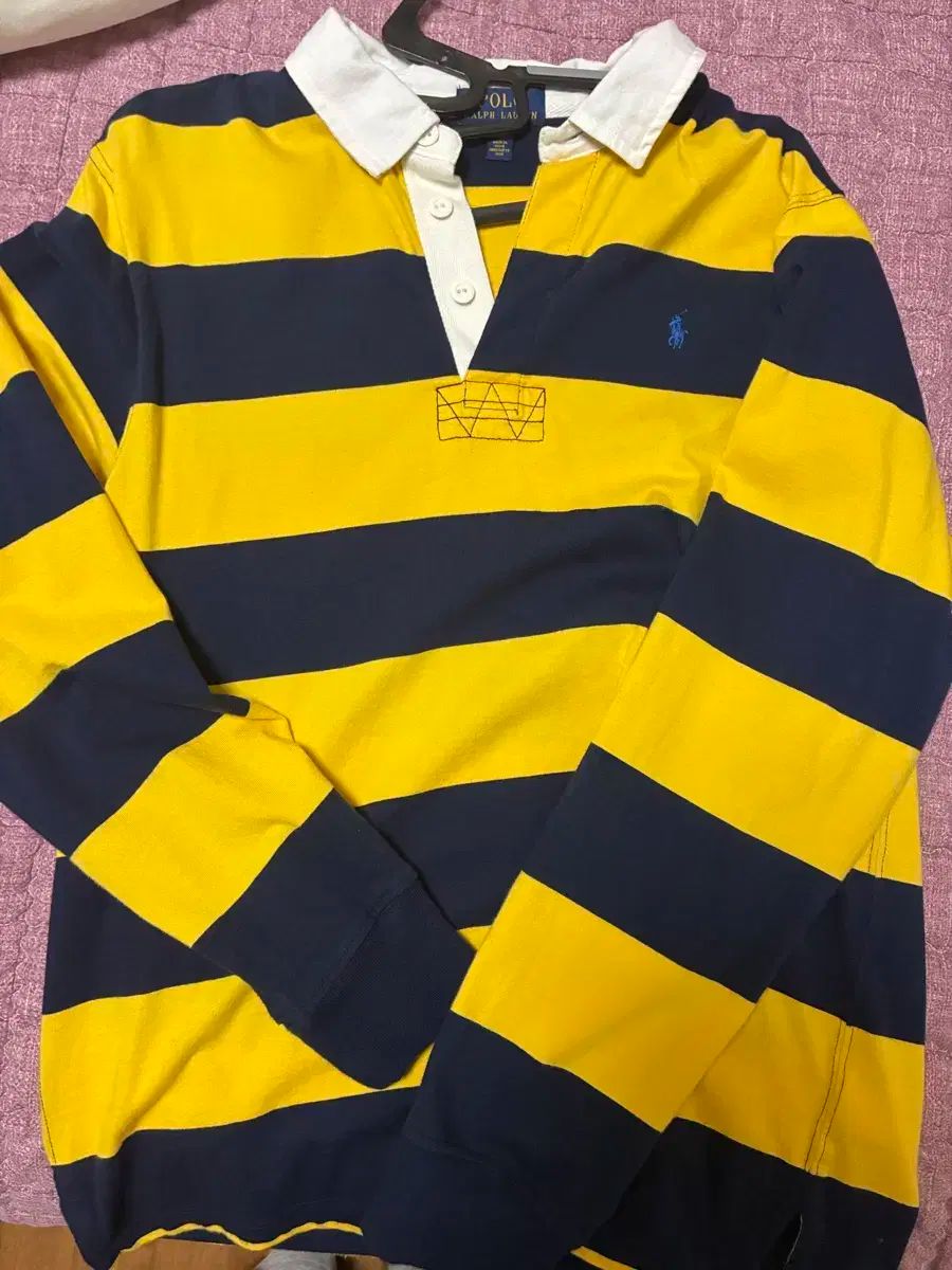 ポロ ラグビーシャツ 長袖 イエロー ネイビー ストライプ