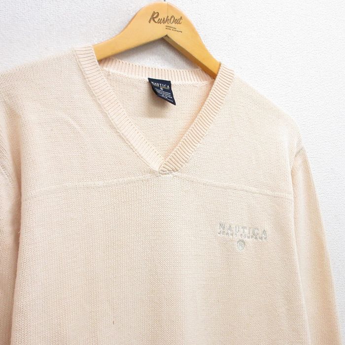 L/古着 ノーティカ 長袖 ブランド セーター メンズ ワンポイントロゴ コットン Vネック 生成り 25sep30 中古 ニット トップス