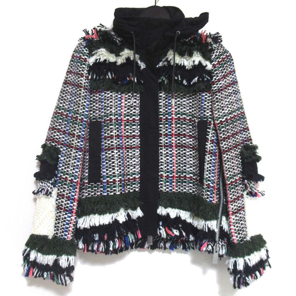 Sacai サカイ 収納フード ツイード フリンジ ミリタリージャケット 21-05421 サイズ1 マルチカラー レディース 古着
