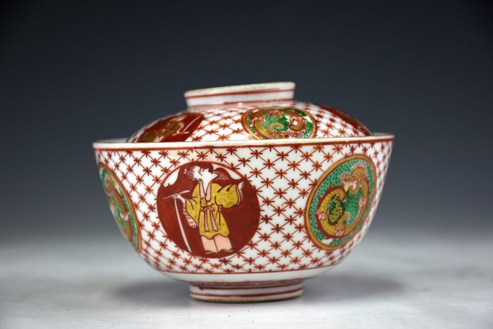 蔵C9875a】大聖寺伊万里 赤絵丸紋蓋茶碗 六客 江戸時代 - メルカリ