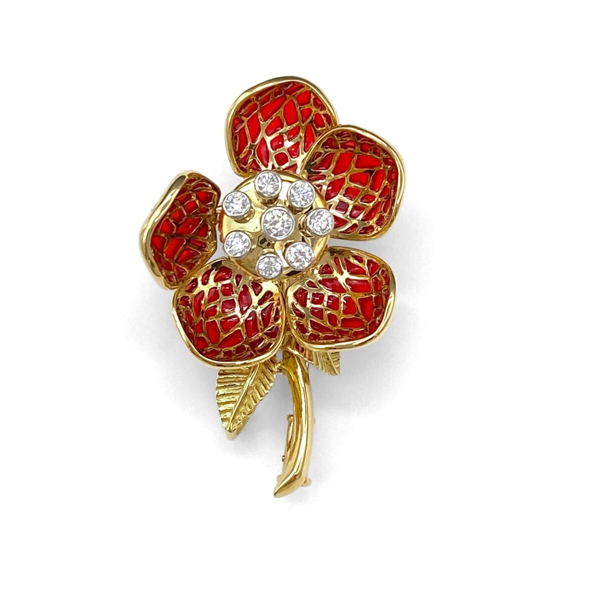 クイーン Queen フラワーモチーフ デザインブローチ YG イエローゴールド プラチナ メレダイヤ エナメル 花 ブローチ 750 Pt950 ダイヤモンド レディース
