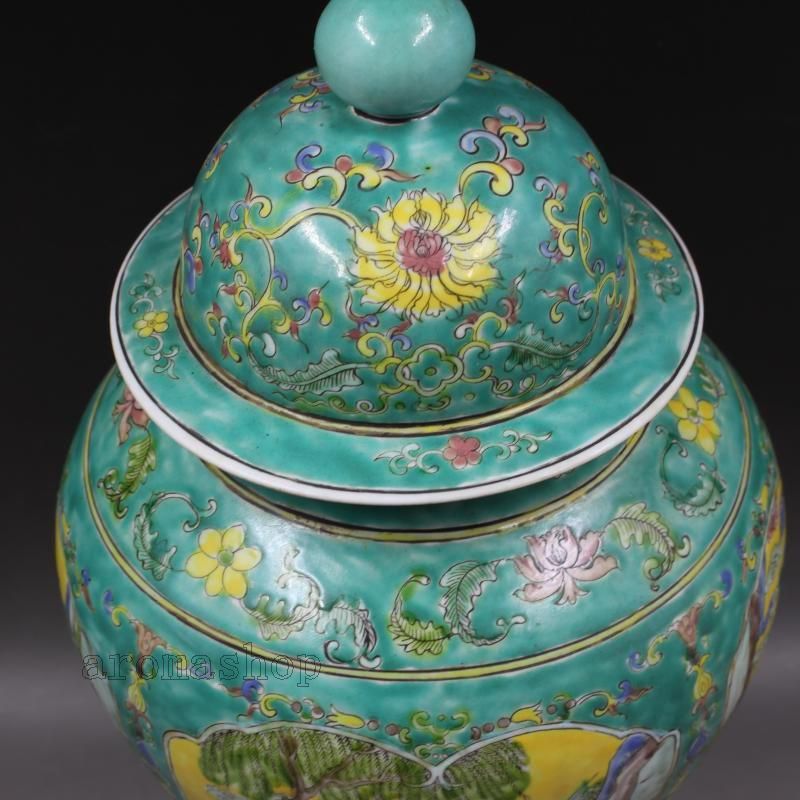緑地パステル人物松鶴将軍缶 景徳鎮 陶磁器 装飾品 現代工芸品