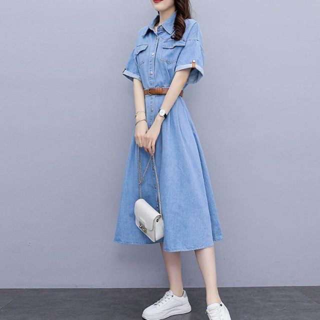 ワンピース フレアワンピース デニムワンピース ロング丈 半袖 襟付き