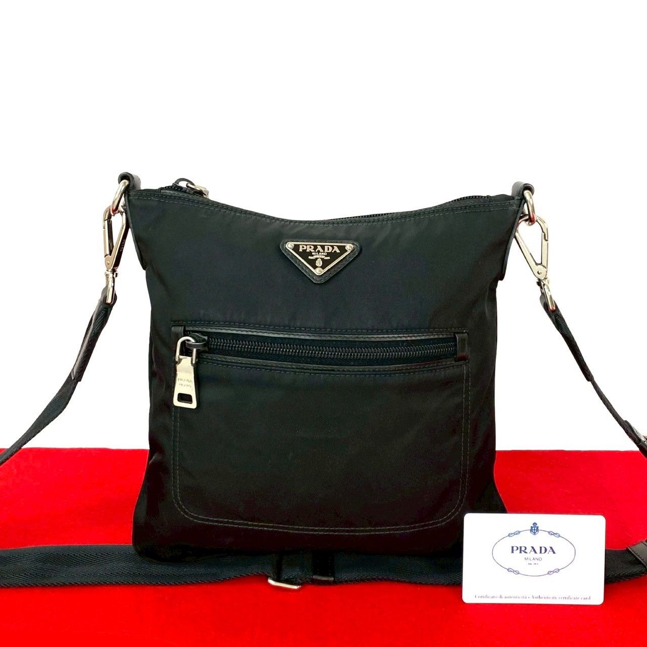 極 美品 PRADA プラダ 三角ロゴ 金具 テスート ナイロン レザー 本革 