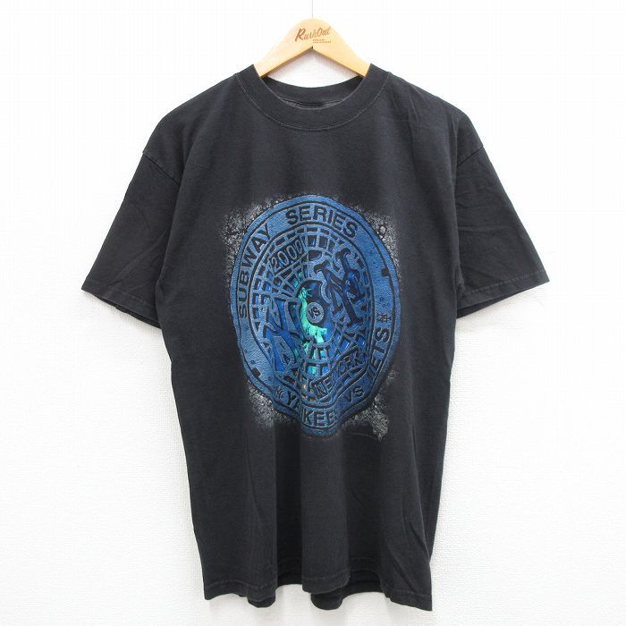 L/古着 半袖 ビンテージ Tシャツ メンズ 00s MLB ニューヨークヤンキース ニューヨークメッツ コットン クルーネック 黒 ブラック メジャー