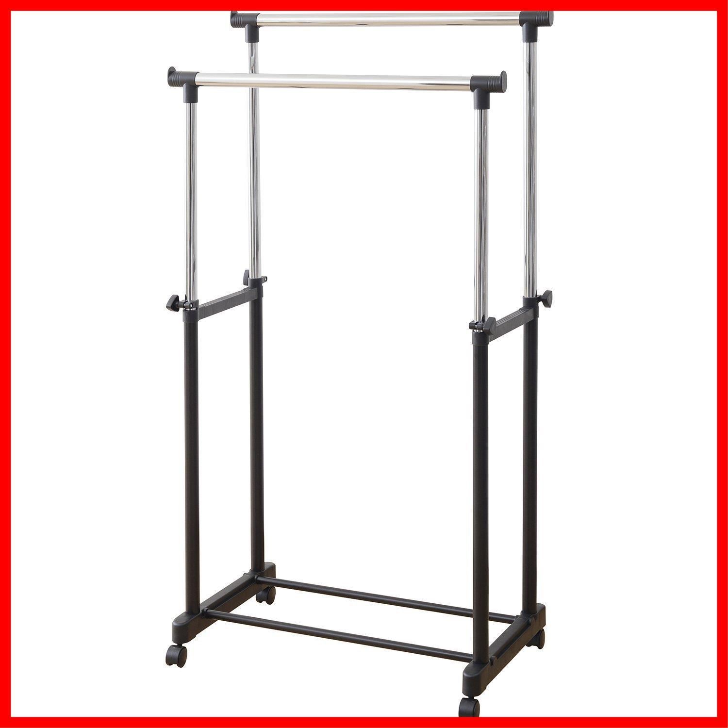 【在庫処分】MKS-W(BK)(S) ブラック キャスター付き ハンガー内寸:75-138cm 耐荷重15kg ダブル 高さ伸縮パイプハンガーラック 山善