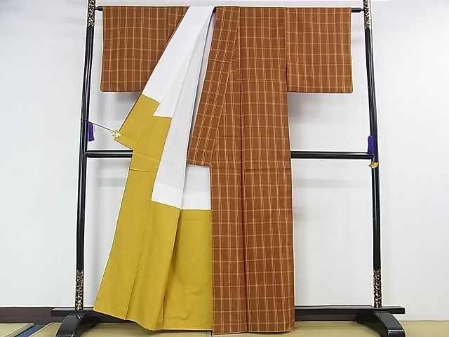平和屋本店□極上 本場黄八丈 市松綾織 紬 格子 逸品 DZAA1217kh4