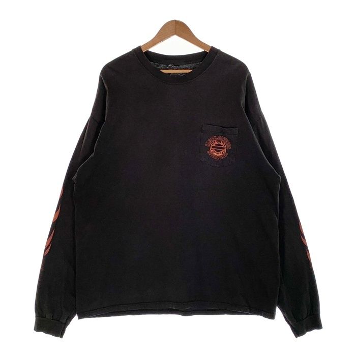 00's HARLEY DAVIDSON ハーレーダビッドソン バーu0026シールド フレイム プリント ポケット ロングスリーブTシャツ ブラック 2007コピーライト Size 2XL 相当