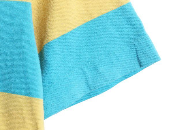 70s ワイド ボーダー 半袖 Tシャツ レディース XS 程/ ヴィンテージ シングルステッチ カットソー ツートン ターコイズ グリーン イエロー 70s ワイド ボーダー 半袖 Tシャツ レディース XS 程