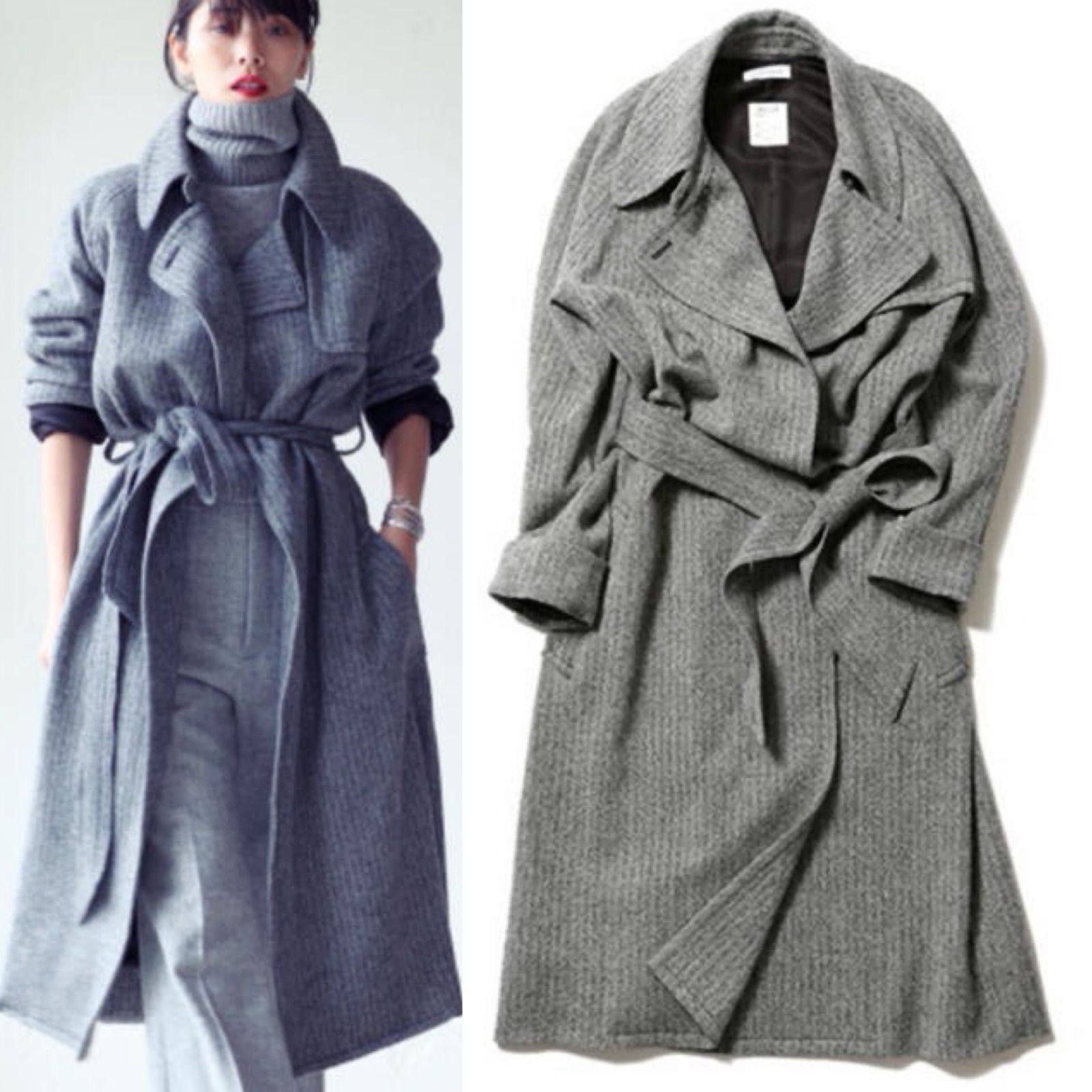 【極美品】MADISONBLUE ニット生地ロングガウンコート ベルト ウール マディソンブルー ウール ヘリンボーン ロングガウンコート ベルト付き