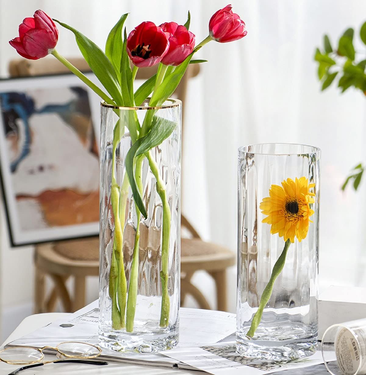 色: クリア-小（高さ:25cm）】花瓶 ガラス 透明 花器 フラワーベース