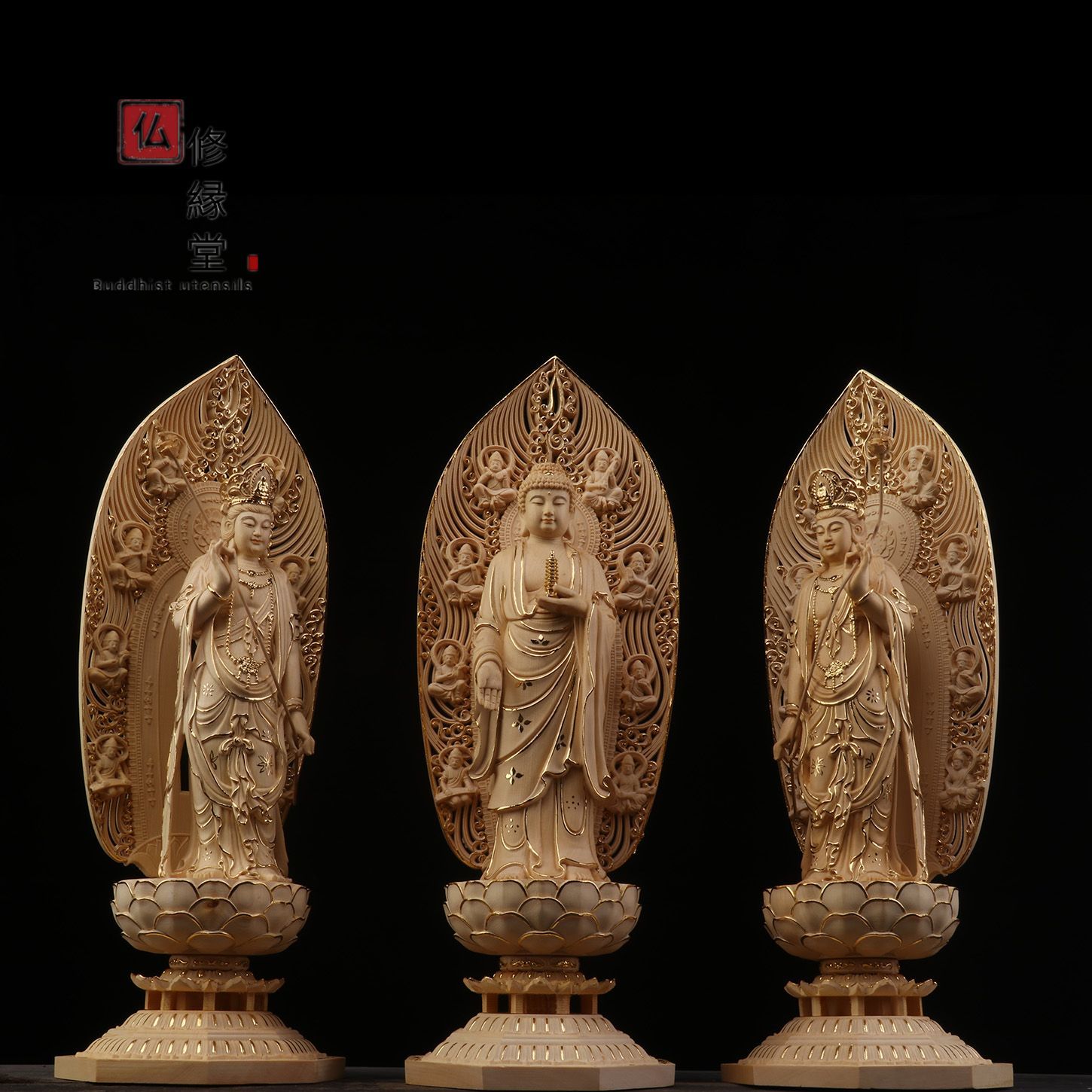彫刻【修縁堂】最高級 木彫り 仏像 薬師如来三尊立像 本金 切金 彫刻 