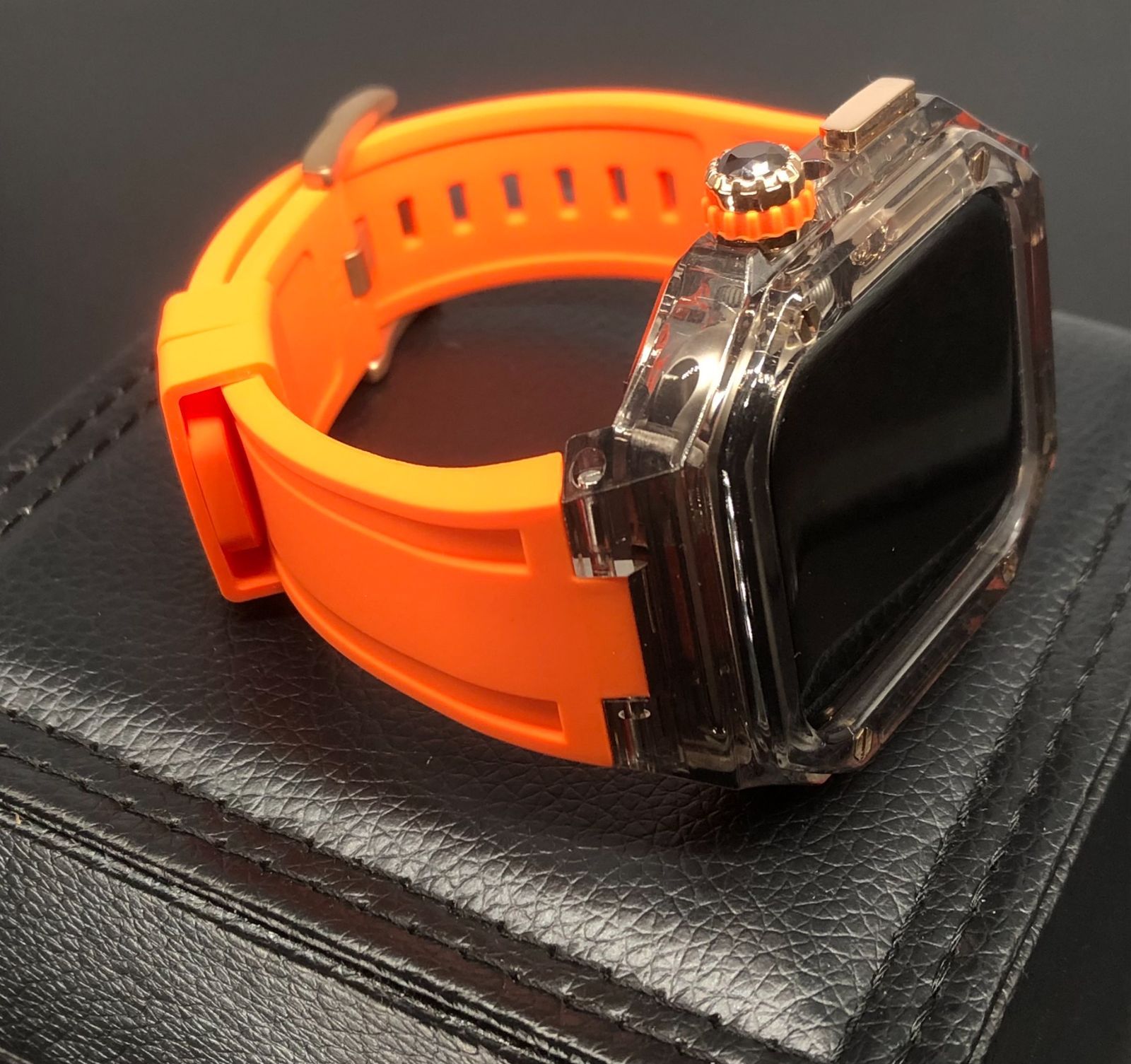 GimelZayin zc rg ブラッククリア　オレンジ★アップルウォッチ ラバーベルト カバー　クリア ケース 40mm 41mm 44mm 45mm 46mm 49mm スポーツ メンズ レディース　4スクリュー Apple Watch バンド