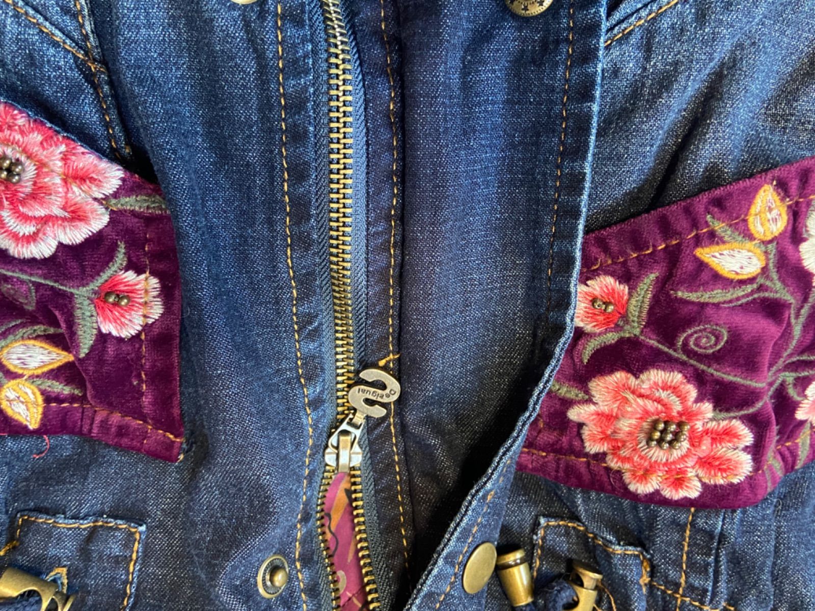 デシグアル デニム モッズコート ファー フード キルティング 花刺繍 中綿 L デシグアル デニム モッズコート ファー フード キルティング 花