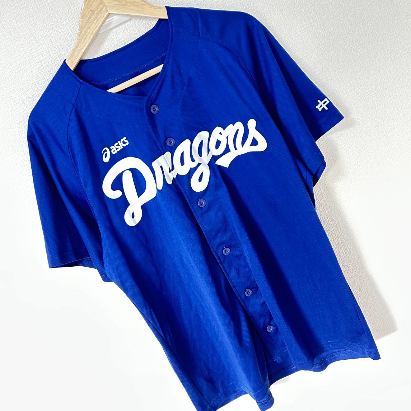 DRAGONS 中日ドラゴンズ 半袖ユニフォーム ブルー WOODS 44番 前開き 野球 スポーツ ヴィンテージ ネ w^)b asics アシックス 中日ドラゴンズ Dragons ユニフォーム ベース