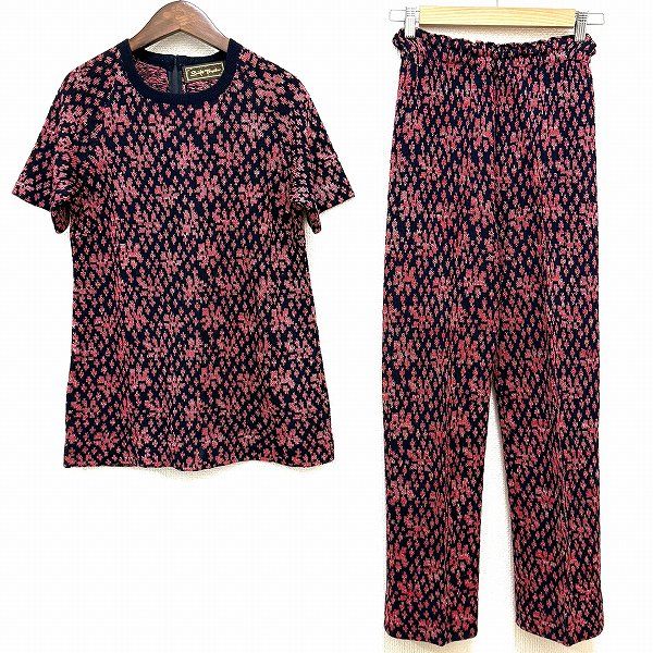 snc サイトウトヨコ 斉藤都世子 セットアップ 紺 ピンク ツーピース パンツ ニット 半袖 総柄 レディース 973007