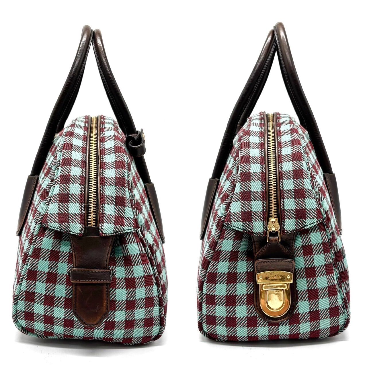 プラダ　ジャガードヴィシー　ボーリングバッグ　三角ロゴ　チェック柄　キャンバス プラダ ジャガードヴィシー ボーリングバッグ 三角ロゴ チェック