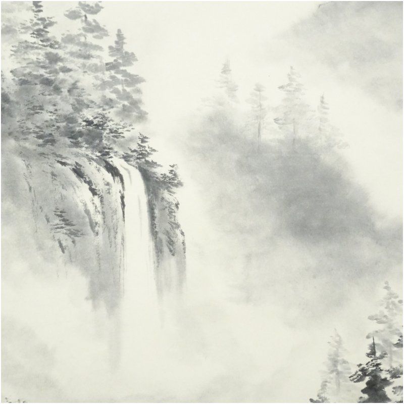 【本表装】肉筆掛け軸水墨画　山水画「山峡帆影」美術品　絵画　和室　茶室　床の間 本表装】肉筆掛け軸水墨画 山水画「山峡帆影」美術品 絵画 和室