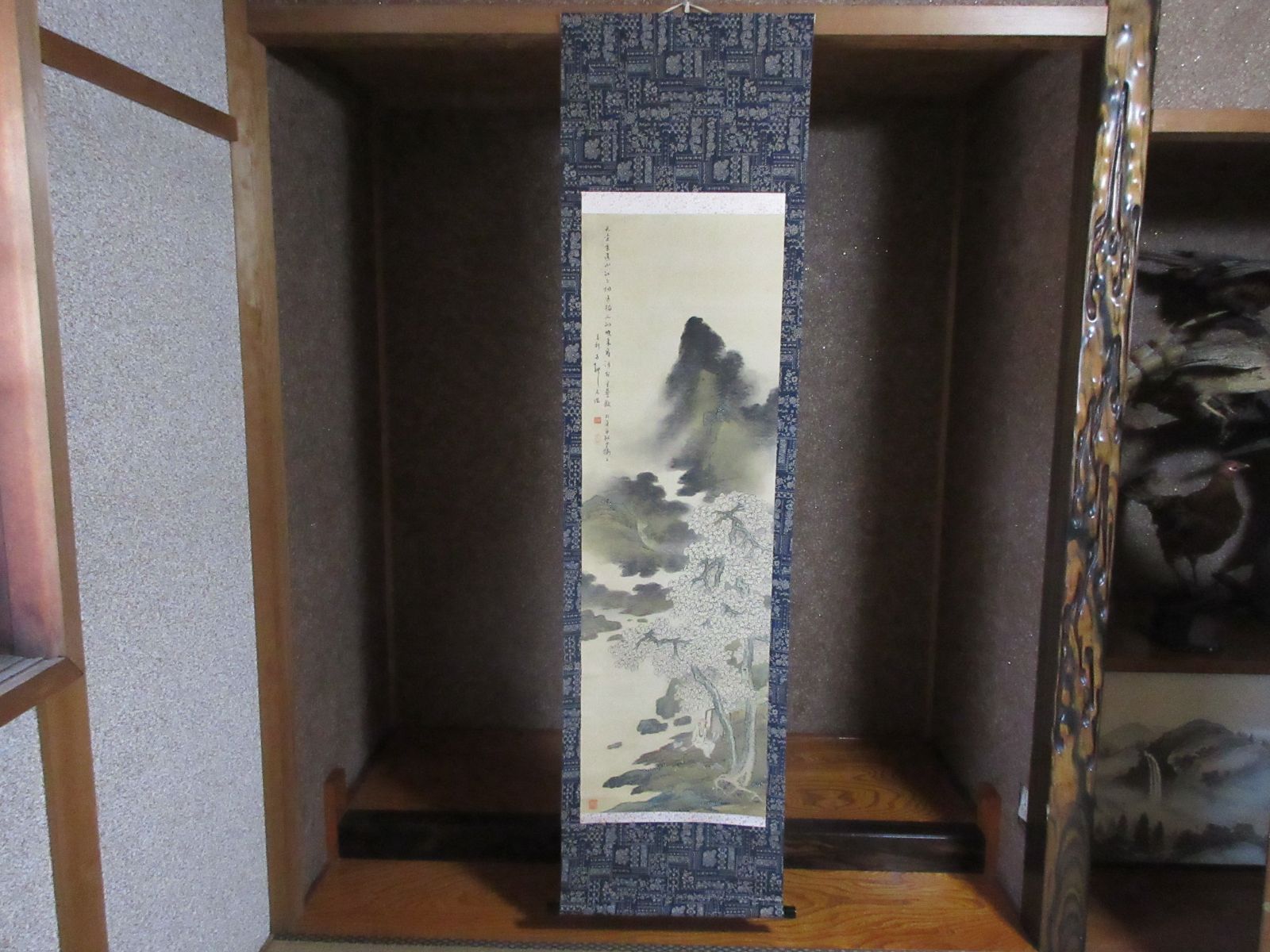 ☆古美術 掛け軸 掛軸 絹本 肉筆 石邨筆 彩色山水