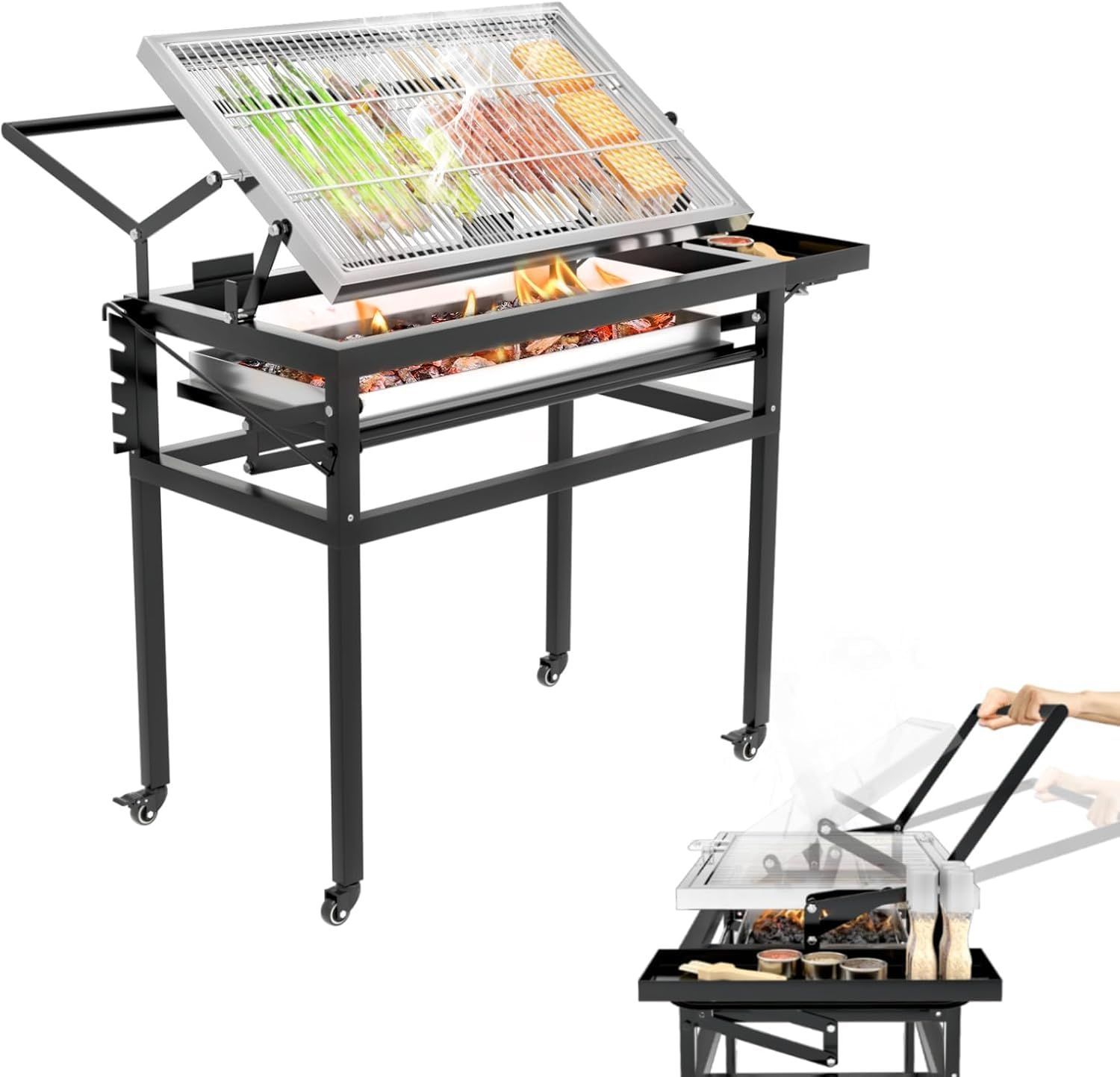 バーベキューコンロ bbq 焚き火台 大型 10人用 火力調節 360度回転 な調理グリッド 取り外し なトレイ 調節 なスチールラックを備えたポータブル卓上炭火焼きグリル