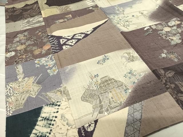 平和屋着物○生紬 切継 寄裂 人物風景花文 正絹 逸品 AAAU8006zg  