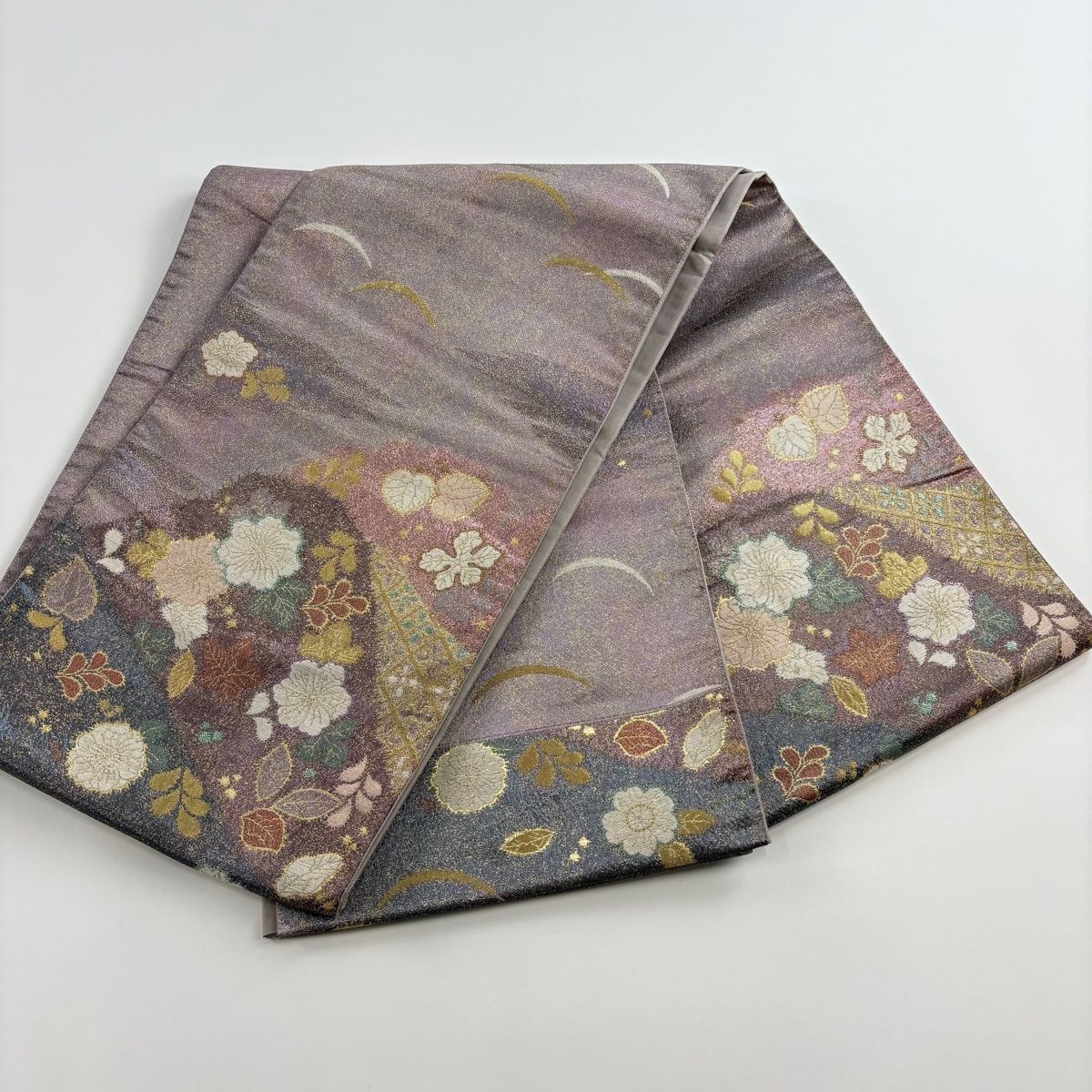 袋帯 美品 名品 やまと 辻が花柄 金糸 灰紫 お太鼓柄 正絹