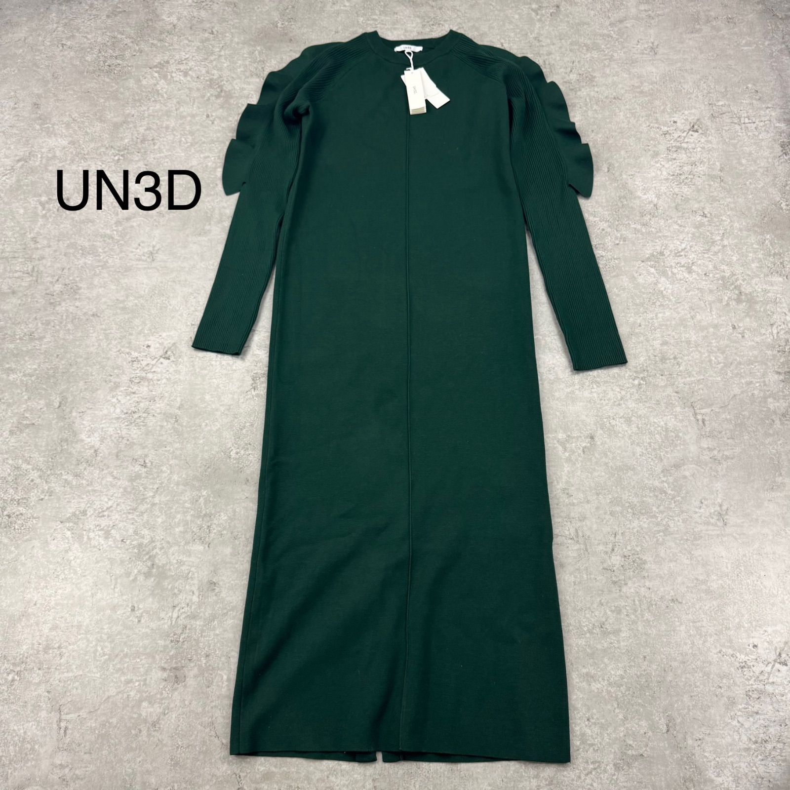 ♥ UN3D アンスリーディ フリルショルダーニット ワンピース グリーン 38 参考価格 33000円
