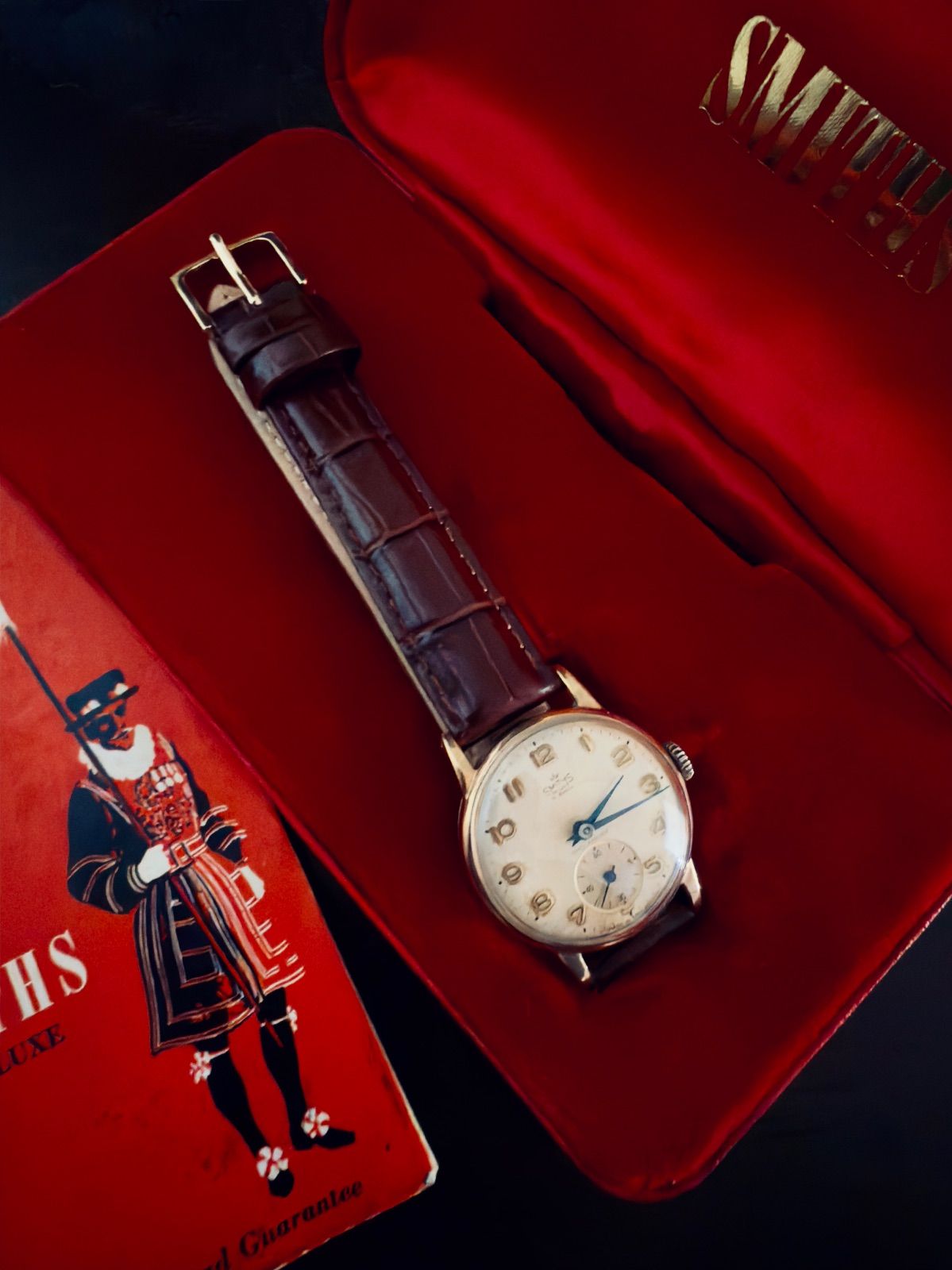 超 名作 Smiths De Luxe スミス デラックス 1964年製 英国鉄道贈呈モデル 9金無垢ケース ブルースチール針 オリジナルケース＆説明書付き