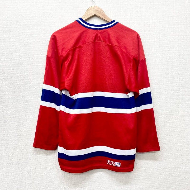US古着 カナダ製 CCM NHL モントリオール・カナディアンズ Montreal Canadiens メッシュ ホッケージャージ 長袖 チームロゴ  ワッペン メンズ S レッド×ホワイト×ブルー