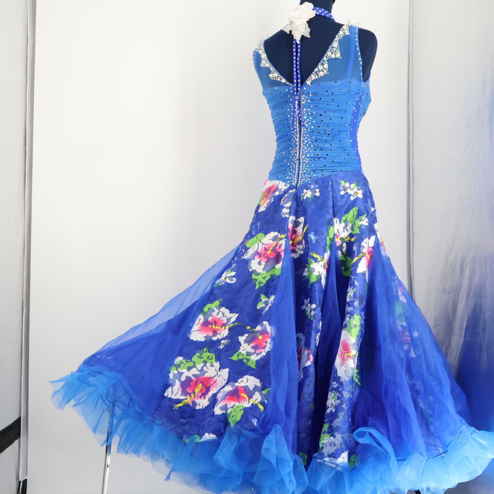 社交ダンス衣装】ブルー ワンピース ドレス 青 花柄 フリル