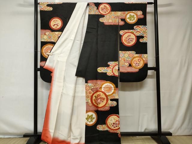 平和屋着物□豪華振袖 駒刺繍 エ霞花蝶丸文 黒地 金彩 高島屋