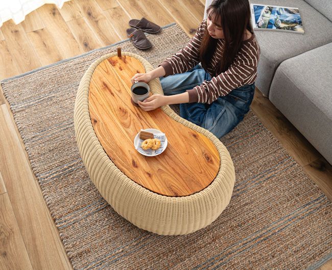 人工ラタン木製ローテーブル幅114cm センターテーブル 完成品（1035）