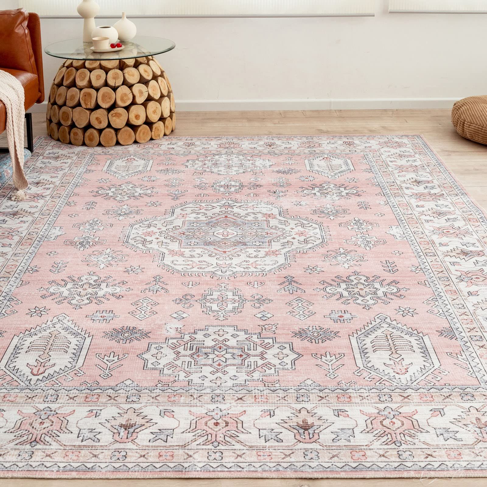 3畳 ペルシャ絨毯 ラグ 洗える カーペット 200x250CM おしゃれ オールシーズン 軽量 滑り止め付 u-living 防ダニ 防臭 ピンク 床暖房対応 MARWIL-DEMENAGEMENTS_CH