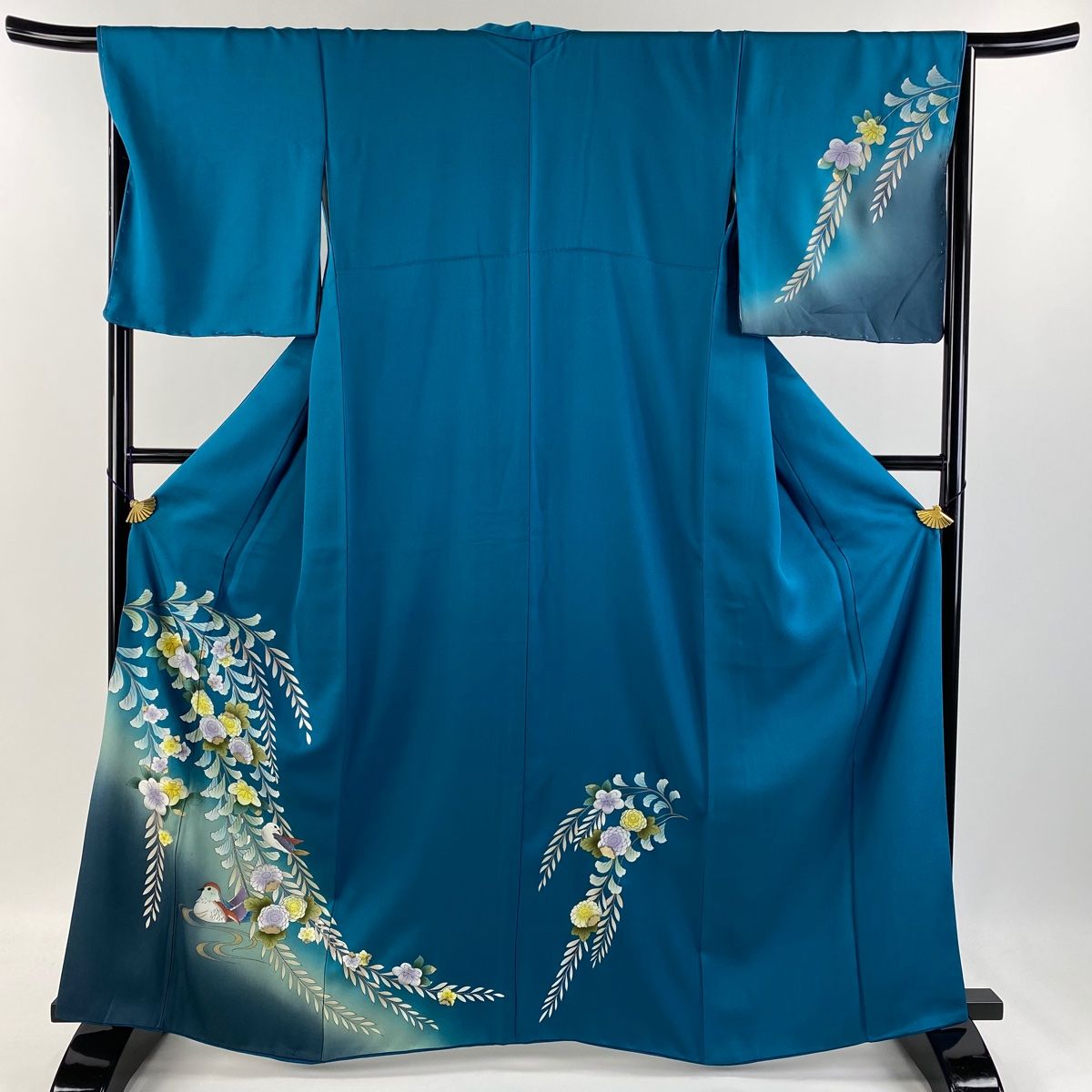 付下げ 身丈162.5cm 裄丈67.5cm L 袷 鴛鴦 草花 金彩 ぼかし 青
