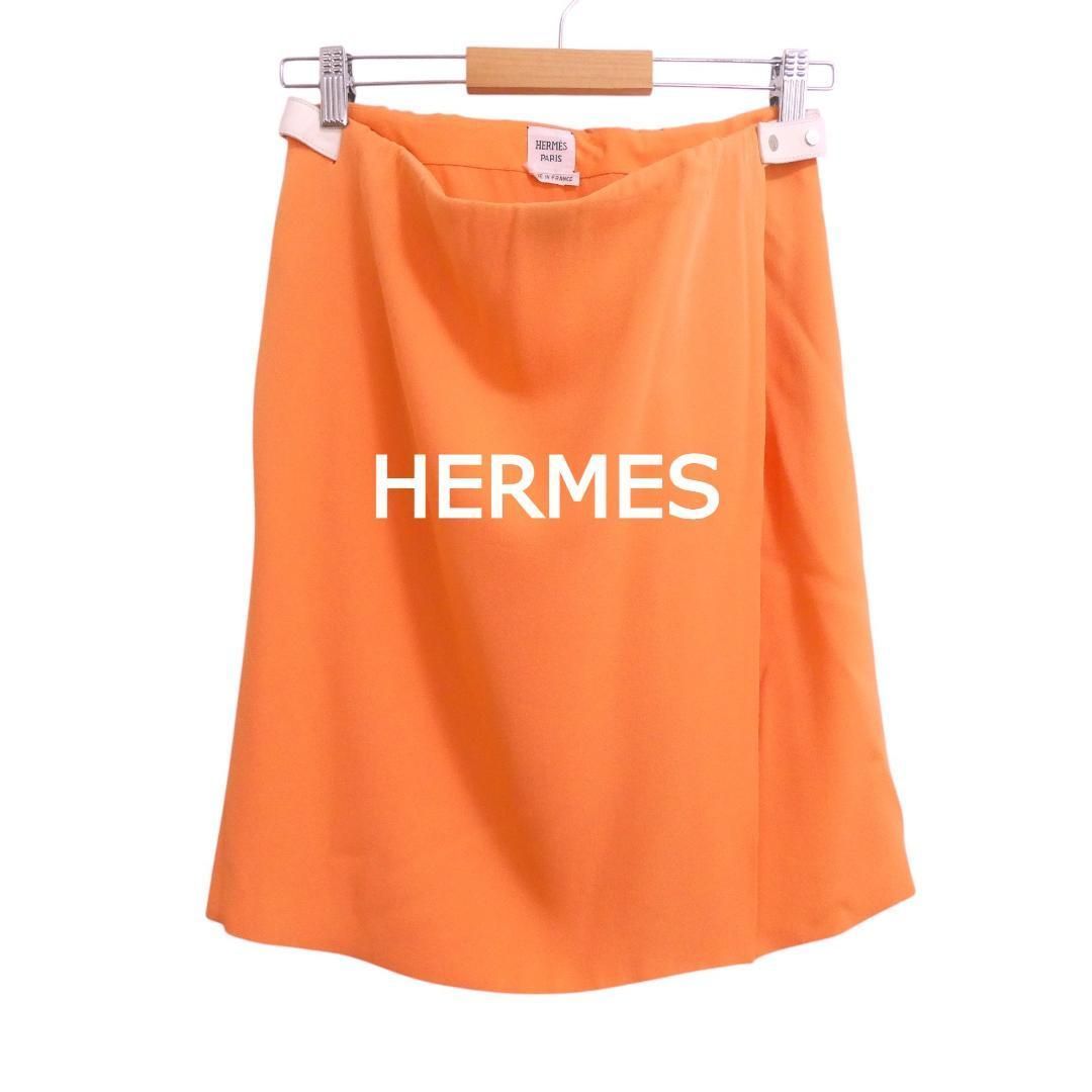 美品 HERMES エルメス サイズ38 羊革 レザーベルト シルク100％ 膝丈