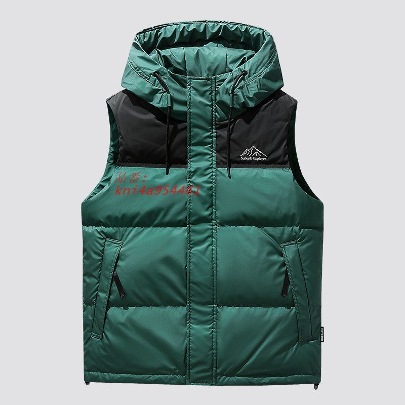 メンズ ダウンベスト 大きい 配色 フード付き 切り替え 保温 スタッフ アウトドア ダウンジャケット 防寒 刺繍入り ワンポイント おしゃれ 作業 防風 kni4a954461