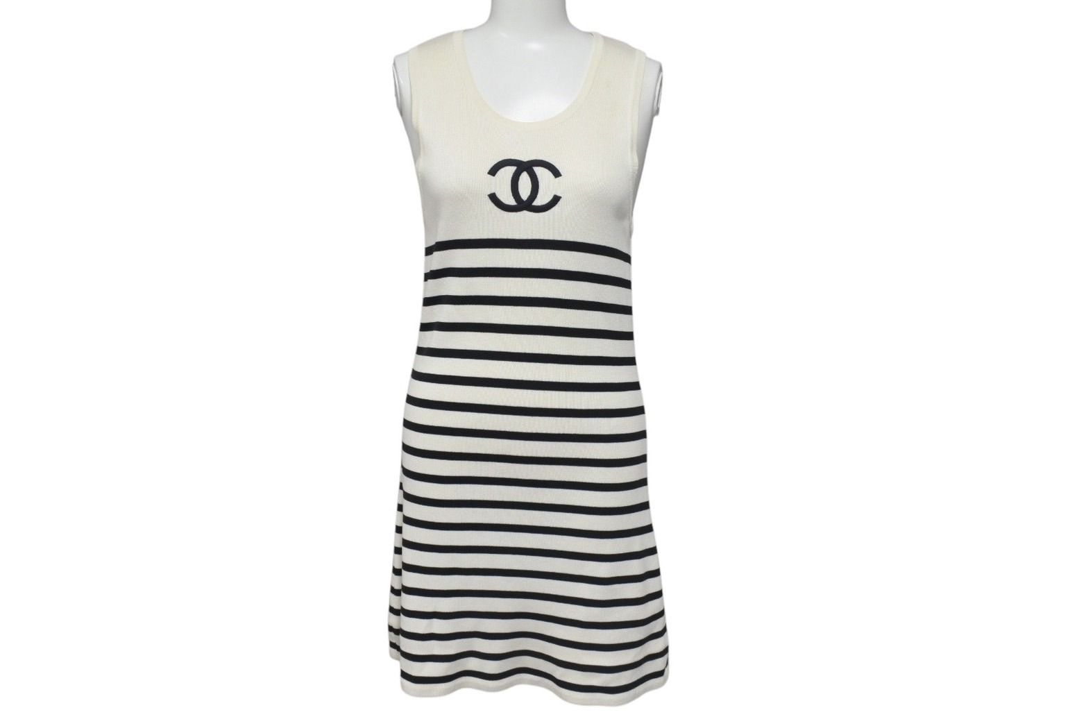CHANEL シャネル ノースリーブ ニットワンピース サイズ38 ココマーク ボーダー アイボリー ヴィンテージ 4b001102