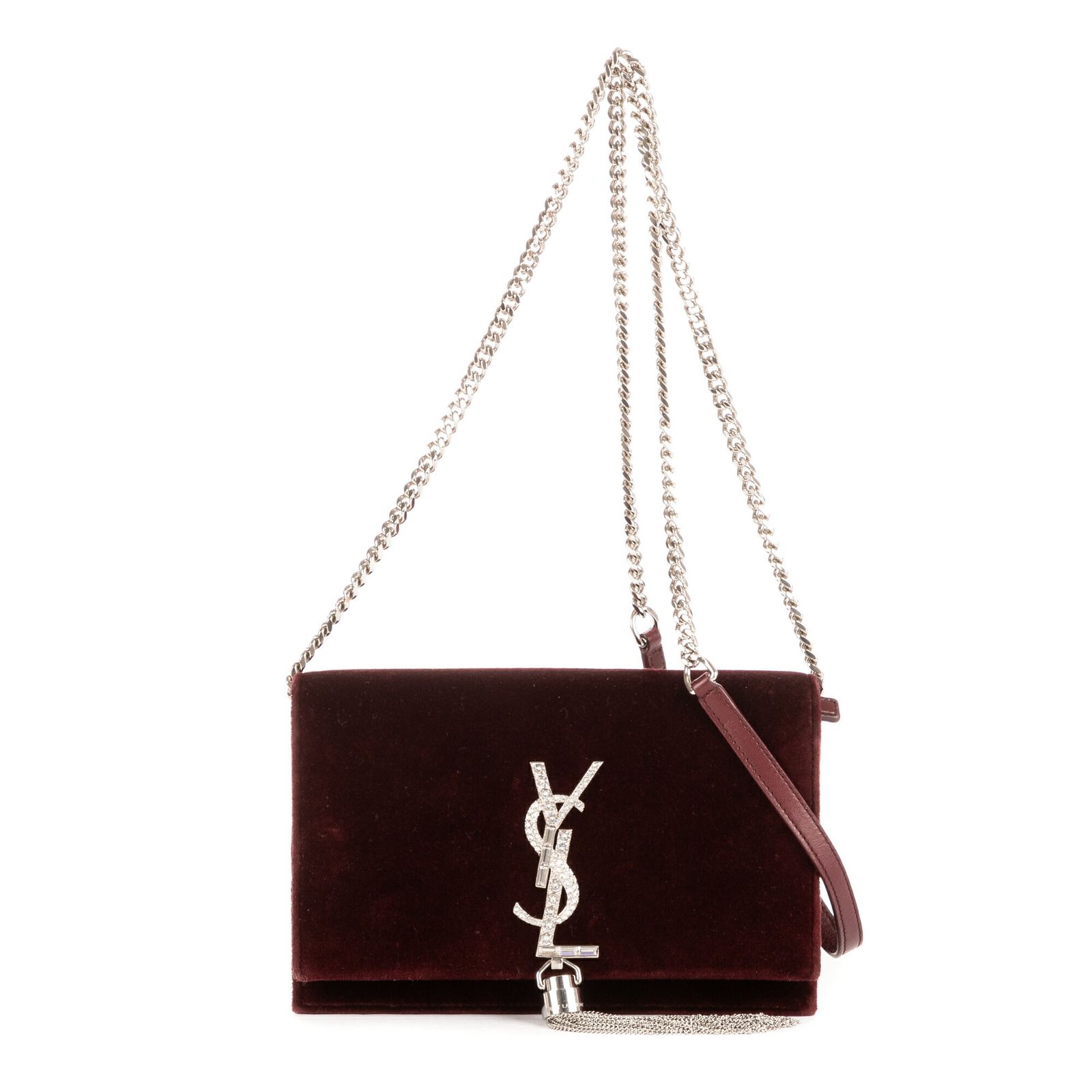 YVES SAINT LAURENT イヴサンローラン ラインストーン ケイト タッセル クロスボディダークグレーベルベットA