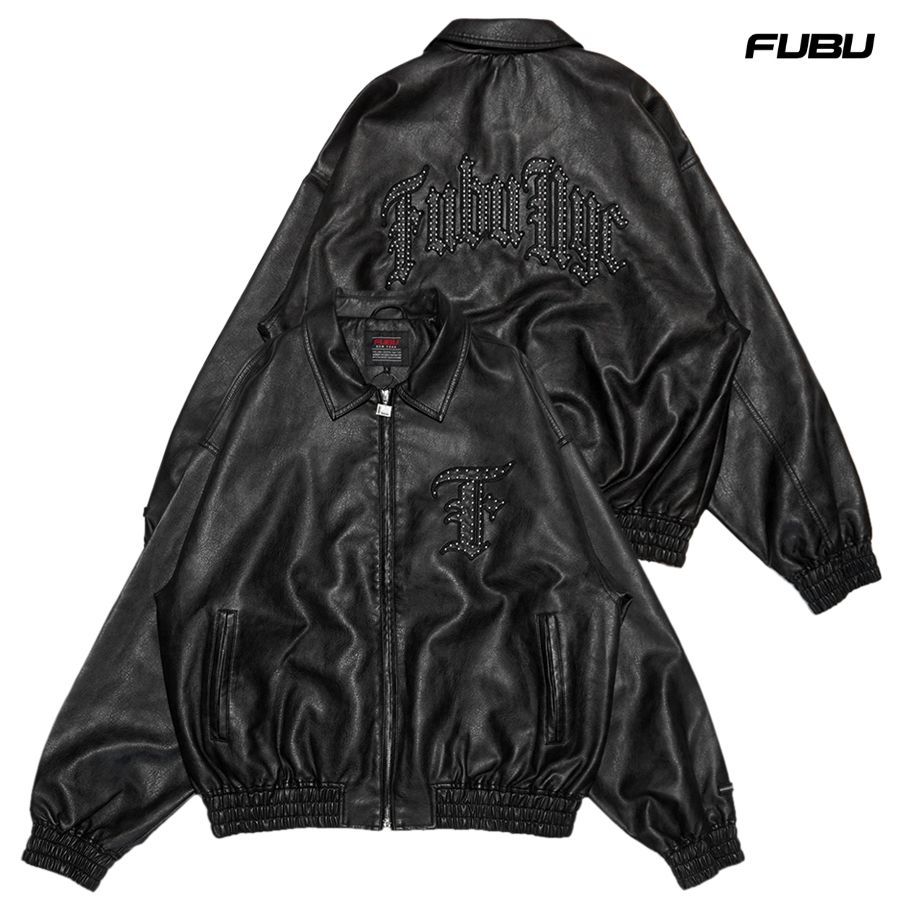 FUBU FAUX LEATHER STUDS PATCH JACKET BLACK フブ メンズ PU レザー パッチ ワッペン スタッズ ジャケット ブルゾン アウター ビックシルエット オーバーサイズ B系