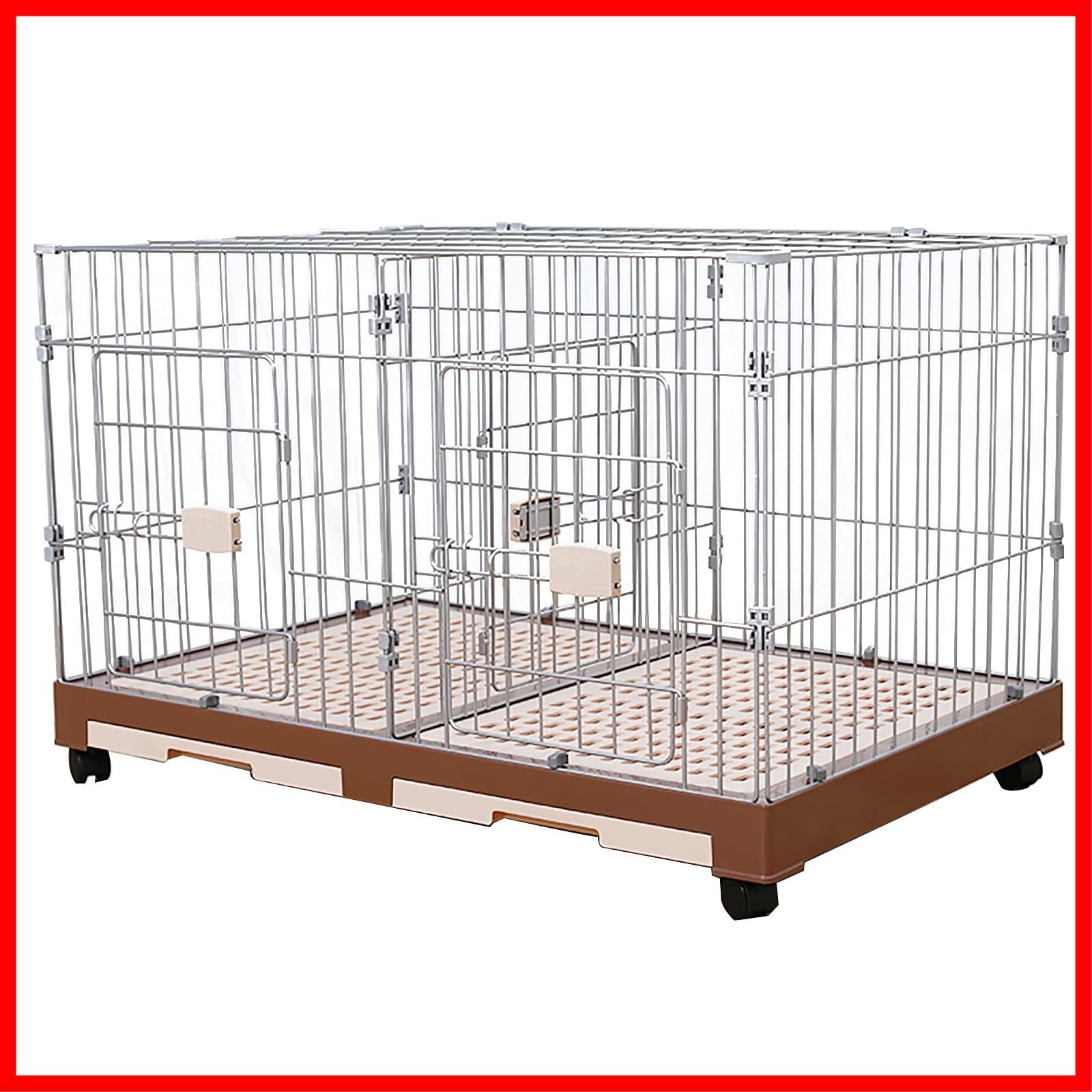 ケージ ペットケージ HFunpet 犬用 猫 うさぎ 大型 組み立て簡単 キャスター付き ロック 犬 90×60×58cm 室内外兼用 スチール製 引き出しトイレ付 ペットサークル 仕切りドア付き 掃除簡単 移動便利 コーヒー