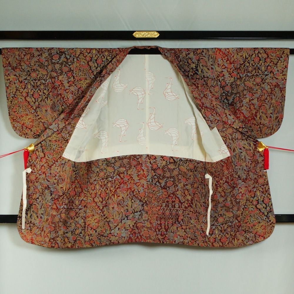 道中着 唐花 更紗模様 Sサイズ ちりめん 正絹 着物コート 塵除けコート 道中着 コート 総柄 レトロ 着物コート 道行コート 道行き 防寒コート 着物 着物コート 和装コート 羽織もの レディース 羽織りもの 古着 冬 塵除け コート